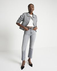 River Island - Grey High Waisted Cropped Flare Jeans - Lyst