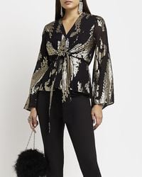 River Island - Black Printed Tie Front Blouse - Lyst