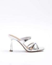 River Island - Silver Wide Fit Crossed Heeled Mule Sandals - Lyst
