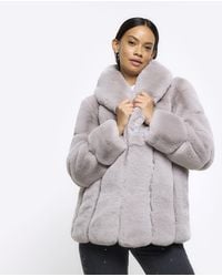 River Island - Grey Panelled Faux Fur Coat - Lyst