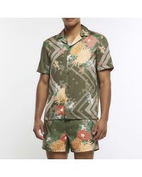 River Island - Khaki Regular Fit Floral Printed Revere Shirt - Lyst