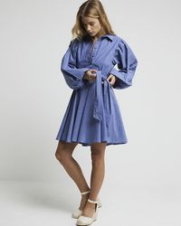River Island - Blue Stripe Puff Sleeve Mini Shirt Dress - Lyst