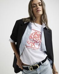 River Island - White Embroidered Floral T-shirt - Lyst
