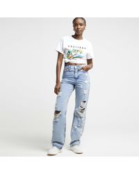 River Island - Blue Stitch Ripped Relaxed Straight Fit Jeans - Lyst