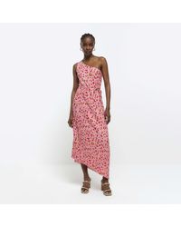 River Island - Pink Leopard One Shoulder Plisse Maxi Dress - Lyst