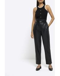 River Island - Black Faux Leather Paperbag Trousers - Lyst