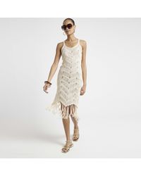 River Island - Cream Crochet Fringe Hem Bodycon Midi Dress - Lyst