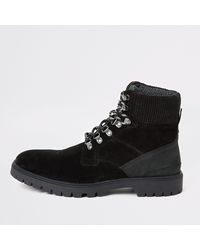 river island lace up flat hiker boot in black
