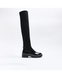 River Island - Black Knitted High Leg Boots - Lyst