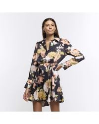 River Island - Black Satin Floral Mini Shirt Dress - Lyst