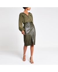 River Island Dark Leather Pencil Skirt - Green