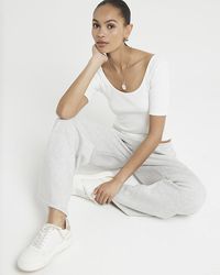 River Island - White Ribbed Scoop Neck T-shirt - Lyst