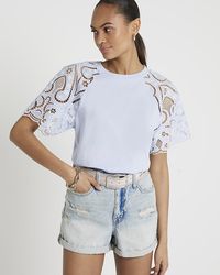 River Island - Blue Lace Sleeve T-shirt - Lyst