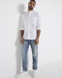 River Island - White Slim Fit Linen Blend Grandad Neck Shirt - Lyst
