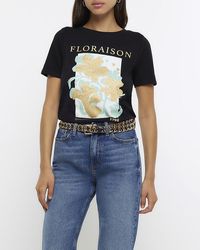 River Island - Black Floral Graphic T-shirt - Lyst