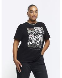 River Island - Plus Black Graphic Foil T-shirt - Lyst