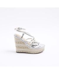River Island - Silver Strappy Wedge Espadrille Sandals - Lyst