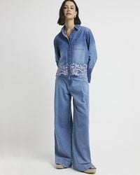 River Island - Blue Lace Hem Crop Denim Shirt - Lyst