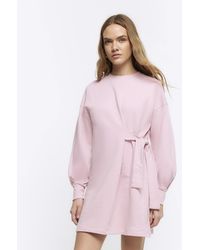River Island - Pink Tie Side Sweatshirt Mini Dress - Lyst