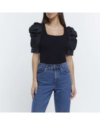 River Island - Black Ruched Short Sleeve Top - Lyst