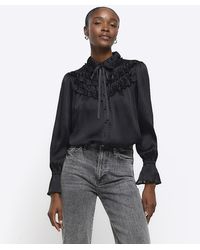 River Island - Black Frill Bow Detail Blouse - Lyst