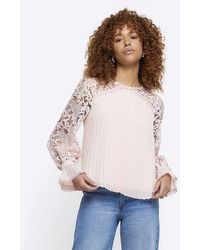 River Island - Pink Plisse Lace Sleeve Blouse - Lyst