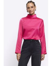 River Island - Pink High Neck Long Sleeve Blouse - Lyst