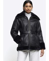 River Island Black Faux Leather Belted Aviator Jacket in Blue Lyst Canada