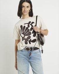 River Island - Beige Leaf Graphic T-shirt - Lyst