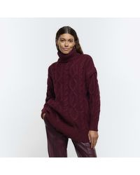 River Island - Red Cable Knit Roll Neck Jumper - Lyst