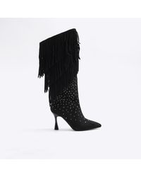 River Island - Black Suede Studded High Leg Boots - Lyst