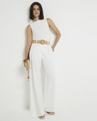 River Island - White Belted Wide Leg Trousers - Lyst