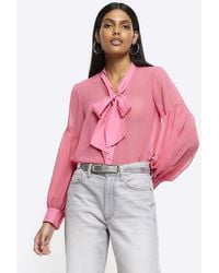 River Island - Front Tie Long Sleeve Shirt - Lyst