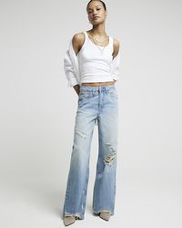 River Island - Blue Mid Rise Ripped Wide Leg Jeans - Lyst