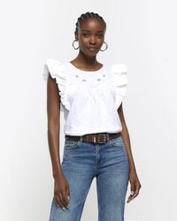 River Island - Embroidered Frill Tank Top - Lyst
