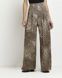 River Island - Brown Leopard Print Wide Leg Trousers - Lyst
