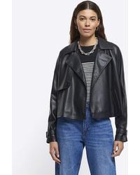 River Island - Black Faux Leather Crop Trench Coat - Lyst