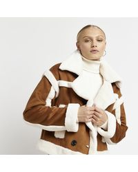 River Island Brown Faux Fur Cropped Aviator Jacket - Natural
