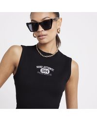 River Island - Black Ribbed Embroidered Tank Top - Lyst
