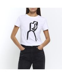 River Island - White Satin Print T-shirt - Lyst