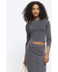 River Island - Grey Long Sleeve Ribbed Cropped Top - Lyst