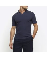 River Island - Navy Muscle Fit Rib Open Collar Polo - Lyst