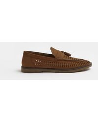 River Island - Brown Leather Woven Tassel Loafers - Lyst