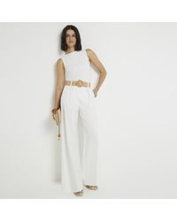 River Island - White Belted Wide Leg Trousers - Lyst