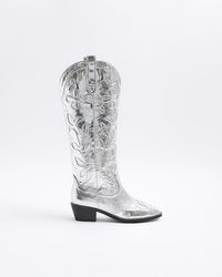 River Island - Silver Western Knee High Boots - Lyst
