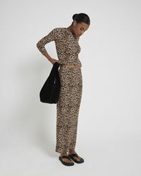 River Island - Brown Leopard Pencil Ribbed Maxi Skirt - Lyst