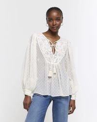 River Island - Cream Embroidered Tie Up Blouse - Lyst