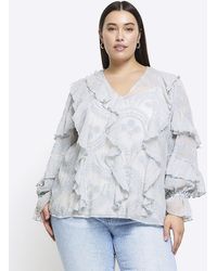 River Island - Plus Blue Embroidered Frill Blouse - Lyst