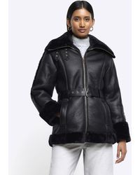 River Island - Black Faux Leather Belted Aviator Jacket - Lyst