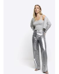 River Island - Silver High Waisted Straight Coated Jeans - Lyst